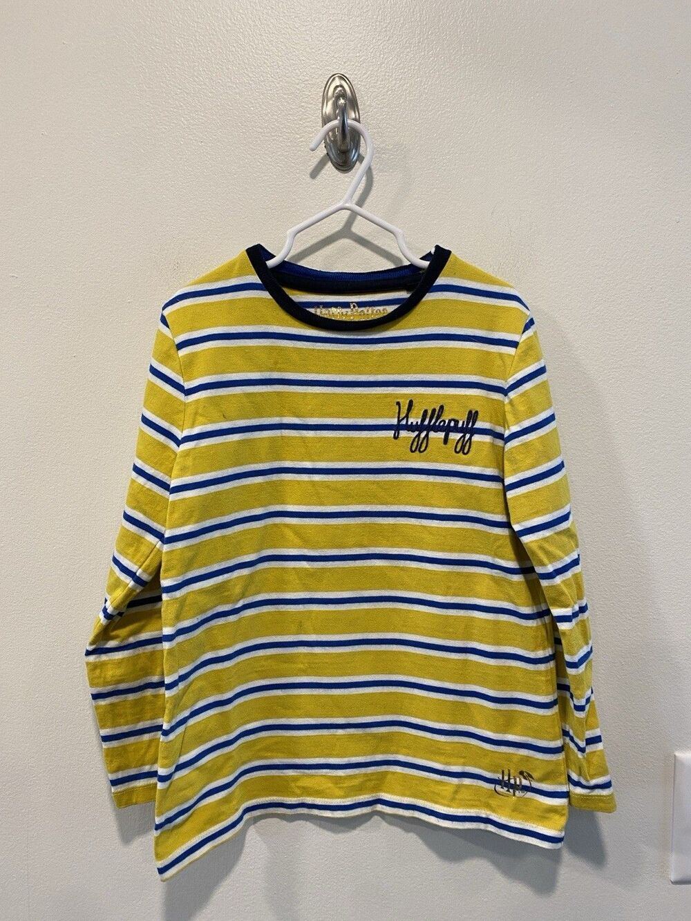 Mini Boden Harry Potter Hufflepuff Shirt Blue Striped Size 6-7 Years long sleeve